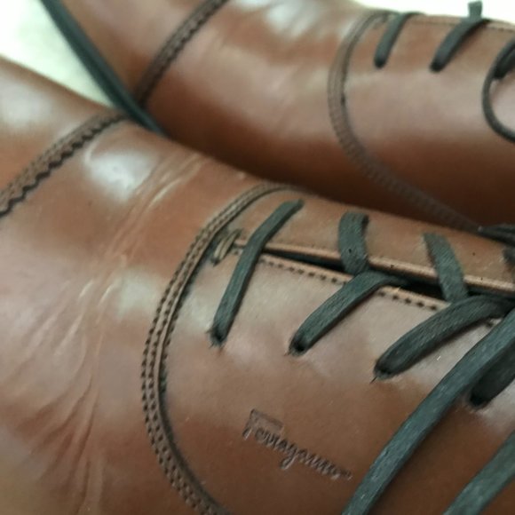 Ferragamo Mens Oxford Cognac Leather Lace Ups Cap Toe Sz 9.5 D - Picture 4 of 15